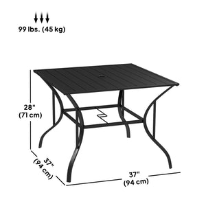 Outdoor Dining Table for Four, Patio Table with Parasol Hole, Square Garden Table with Slatted Metal Plate Top, for Backyard, Poolside, Black