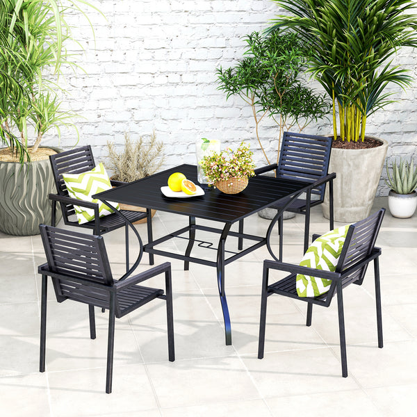Outdoor Dining Table for Four, Patio Table with Parasol Hole, Square Garden Table with Slatted Metal Plate Top, for Backyard, Poolside, Black
