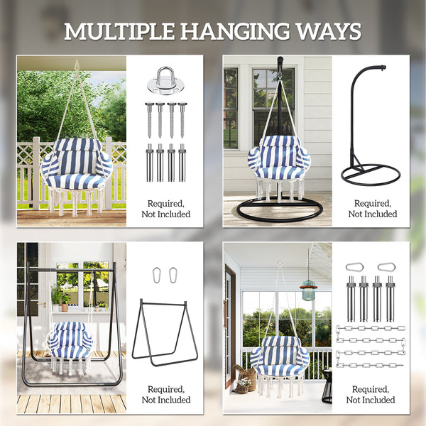 Hammock Swing Chair, Outdoor Hanging Chair with Large Cushion, Cotton Rope Weaving Macrame Swing with Chain, 265 LBS Capacity for Indoor, Outdoor, Bedroom, Patio, Balcony, Blue and White