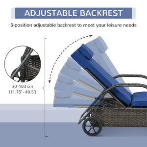 Wicker Chaise Lounge, Outdoor Lounge Chair, PE Rattan Patio Sun lounger with Head-rest, 5-Level Height Adjust Backrest, Cushion & Wheels, Mixed Brown and Dark Blue