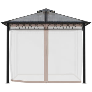 3 x 3 (m) Outdoor Polycarbonate Gazebo, Double Roof Hard Top Gazebo with Galvanised Steel Frame, Nettings & Curtains for Garden, Lawn, Patio and Deck, Khaki