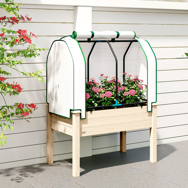 Raised Garden Bed with PE Greenhouse Cover Outdoor Elevated Wood Planter Box for Herbs and Vegetables, Use for Patio, Backyard, Balcony, 35 x 22 x 47 inch, Natural