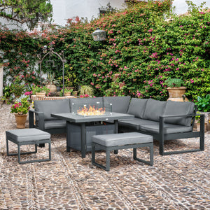 6-Piece Aluminium Garden Furniture Set, Outdoor Conversational Corner Sofa Loveseat Footstool Sectional with Gas Fire Pit Table for Yard, Poolside, Grey