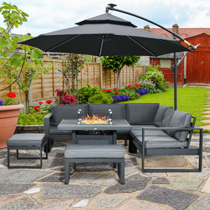 6-Piece Aluminium Garden Furniture Set, Outdoor Conversational Corner Sofa Loveseat Footstool Sectional with Gas Fire Pit Table for Yard, Poolside, Grey