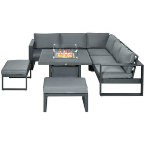 6-Piece Aluminium Garden Furniture Set, Outdoor Conversational Corner Sofa Loveseat Footstool Sectional with Gas Fire Pit Table for Yard, Poolside, Grey