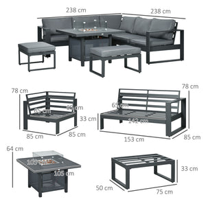 6-Piece Aluminium Garden Furniture Set, Outdoor Conversational Corner Sofa Loveseat Footstool Sectional with Gas Fire Pit Table for Yard, Poolside, Grey