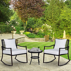 Rattan Bistro Set, 3 Pieces Wicker Garden Furniture Set with Rocking Chairs and Round Glass Top Coffee Table, Small Balcony Furniture with Cushions for Outdoor, Porch, Brown