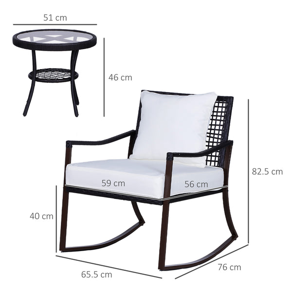 Rattan Bistro Set, 3 Pieces Wicker Garden Furniture Set with Rocking Chairs and Round Glass Top Coffee Table, Small Balcony Furniture with Cushions for Outdoor, Porch, Brown
