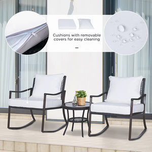 Rattan Bistro Set, 3 Pieces Wicker Garden Furniture Set with Rocking Chairs and Round Glass Top Coffee Table, Small Balcony Furniture with Cushions for Outdoor, Porch, Brown