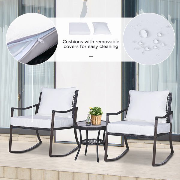 Rattan Bistro Set, 3 Pieces Wicker Garden Furniture Set with Rocking Chairs and Round Glass Top Coffee Table, Small Balcony Furniture with Cushions for Outdoor, Porch, Brown