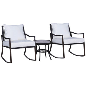 Rattan Bistro Set, 3 Pieces Wicker Garden Furniture Set with Rocking Chairs and Round Glass Top Coffee Table, Small Balcony Furniture with Cushions for Outdoor, Porch, Brown