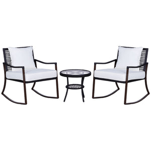 Rattan Bistro Set, 3 Pieces Wicker Garden Furniture Set with Rocking Chairs and Round Glass Top Coffee Table, Small Balcony Furniture with Cushions for Outdoor, Porch, Brown
