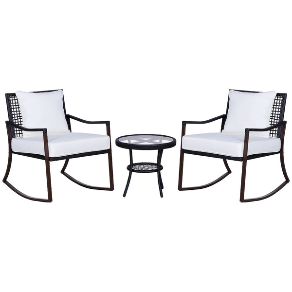 Rattan Bistro Set, 3 Pieces Wicker Garden Furniture Set with Rocking Chairs and Round Glass Top Coffee Table, Small Balcony Furniture with Cushions for Outdoor, Porch, Brown