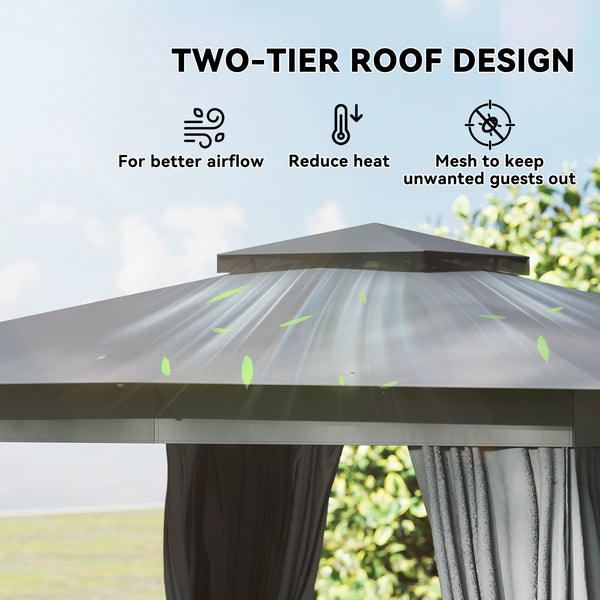 10' x 10' Outdoor Patio Gazebo, Soft Top Gazebo Canopy Shelter with Double Roof, Curtains, Netting, Steel Frame, UPF30+ Protection, Ceiling Hook for Lawn, Backyard, Deck, Dark Gray