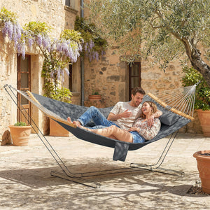 Double Hammock 2-Person with Pillow and Pad, Extra Large 200 x 140 cm, Load Capacity 200 kg, Swing Bed for Patio Porch Garden Lounging Outdoor and Indoor Grey