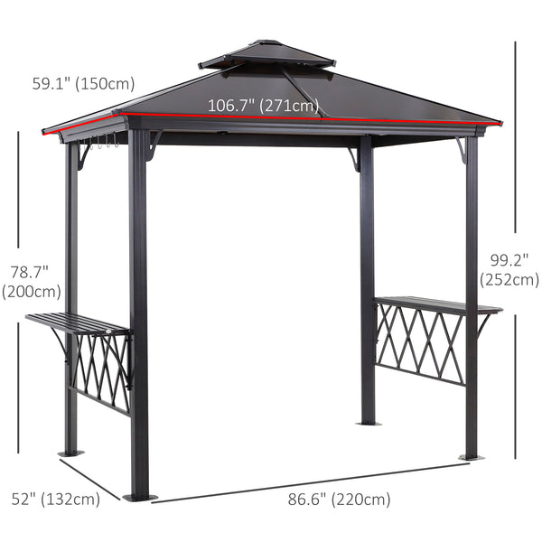 9' x 5' Grill Gazebo, Hardtop BBQ Gazebo Canopy with 2-Tier Polycarbonate Roof, Shelves Serving Tables and Hooks, for Backyard Patio Lawn, Black and Coffee
