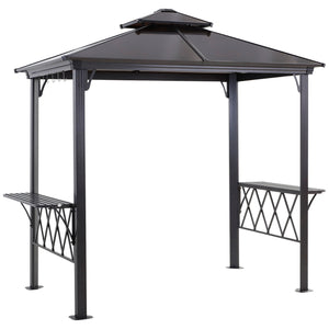 9' x 5' Grill Gazebo, Hardtop BBQ Gazebo Canopy with 2-Tier Polycarbonate Roof, Shelves Serving Tables and Hooks, for Backyard Patio Lawn, Black and Coffee