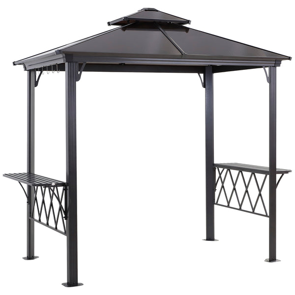 9' x 5' Grill Gazebo, Hardtop BBQ Gazebo Canopy with 2-Tier Polycarbonate Roof, Shelves Serving Tables and Hooks, for Backyard Patio Lawn, Black and Coffee