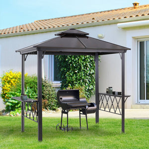 9' x 5' Grill Gazebo, Hardtop BBQ Gazebo Canopy with 2-Tier Polycarbonate Roof, Shelves Serving Tables and Hooks, for Backyard Patio Lawn, Black and Coffee