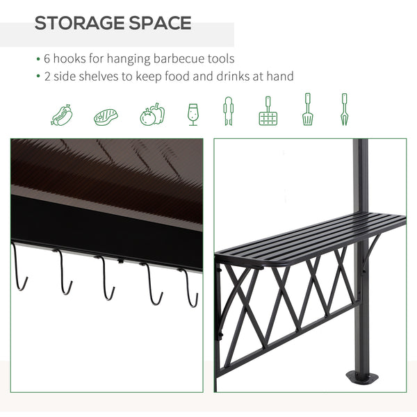 9' x 5' Grill Gazebo, Hardtop BBQ Gazebo Canopy with 2-Tier Polycarbonate Roof, Shelves Serving Tables and Hooks, for Backyard Patio Lawn, Black and Coffee