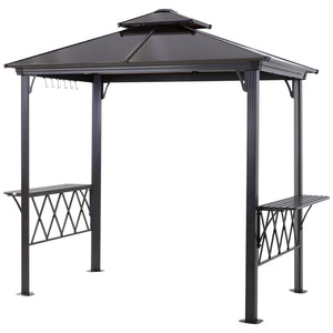 9' x 5' Grill Gazebo, Hardtop BBQ Gazebo Canopy with 2-Tier Polycarbonate Roof, Shelves Serving Tables and Hooks, for Backyard Patio Lawn, Black and Coffee