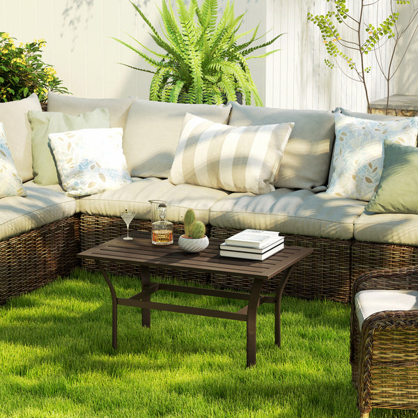 Outdoor Coffee Table, All-Weather Rectangle Metal Patio Coffee Table with Slatted Tabletop for Outside, Patio, Garden, Balcony, Backyard, Brown