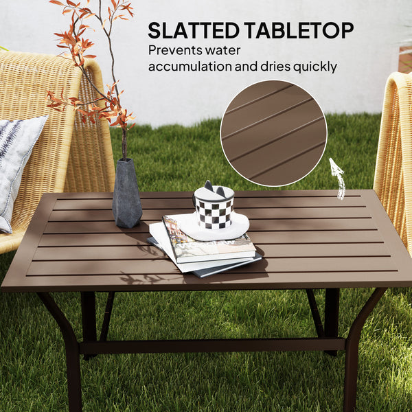 Outdoor Coffee Table, All-Weather Rectangle Metal Patio Coffee Table with Slatted Tabletop for Outside, Patio, Garden, Balcony, Backyard, Brown