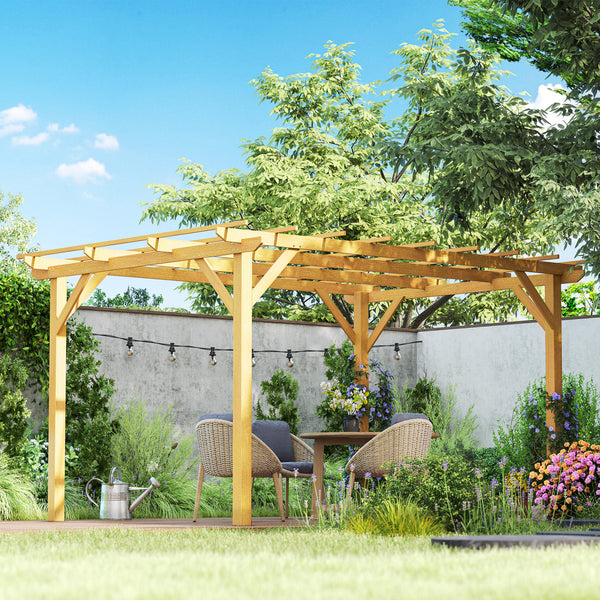 10' x 13' Outdoor Pergola, Wood Gazebo Grape Trellis with Stable Structure and Concrete Anchors for Climbing Plant Support, Garden, Patio, Backyard, Deck, Nature Wood