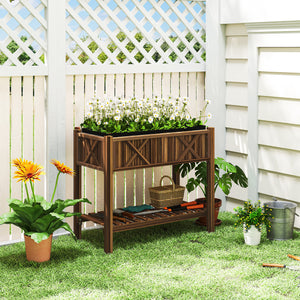 Wooden Raised Garden Bed, Elevated Planter Box with Storage Shelf, Drainage Holes and Liner for Backyard, Patio, Balcony, 34" x 18" x 30", Carbonized