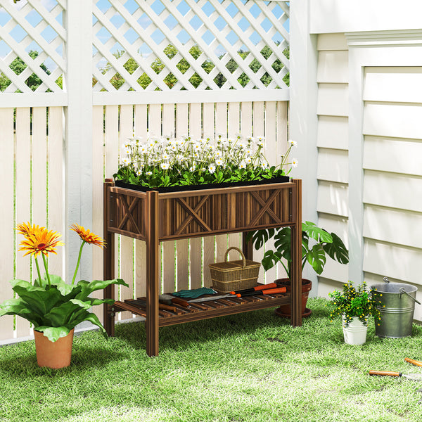Wooden Raised Garden Bed, Elevated Planter Box with Storage Shelf, Drainage Holes and Liner for Backyard, Patio, Balcony, 34" x 18" x 30", Carbonized