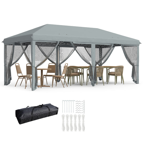 3 x 6m Pop Up Gazebo, Outdoor Canopy Shelter, Marquee Party Wedding Tent with 6 Mesh Walls and Carry Bag, Grey