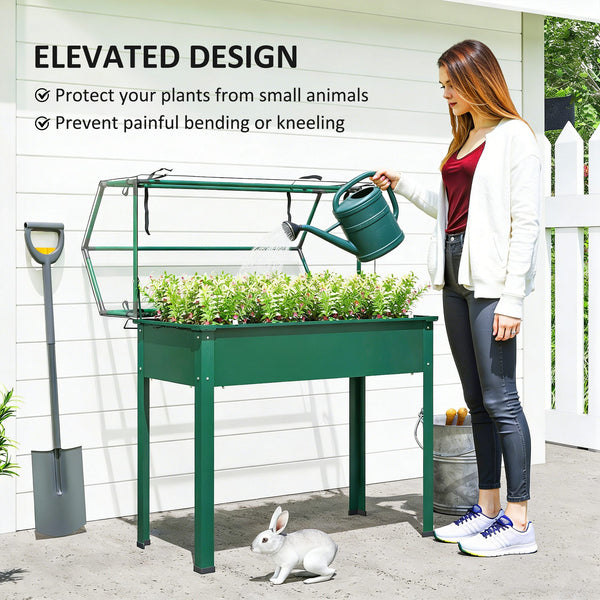 Raised Garden Bed with Greenhouse Cover, Elevated Planter Box with Legs and Drainage Hole for Vegetables Flowers Herbs, 39.4" x 18.9" x 48.8", Green