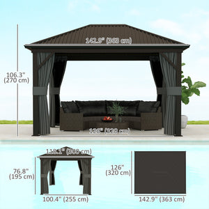 10' x 12' Hardtop Gazebo Canopy with Galvanized Steel Roof, Aluminum Frame, Permanent Pavilion Outdoor Gazebo with Netting, Curtains, Top Hook, Dark Grey
