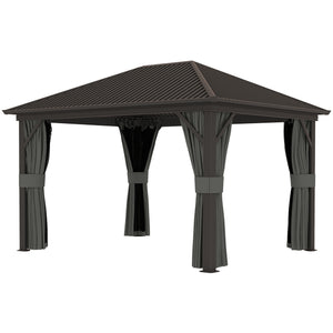 3 x 3.6m Outdoor Hardtop Gazebo Metal Roof Patio Gazebo with Aluminium Frame, Mesh Nettings, Curtains, & Roomy Interior Space, Dark Grey