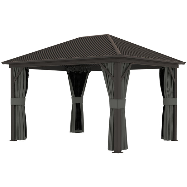 3 x 3.6m Outdoor Hardtop Gazebo Metal Roof Patio Gazebo with Aluminium Frame, Mesh Nettings, Curtains, & Roomy Interior Space, Dark Grey