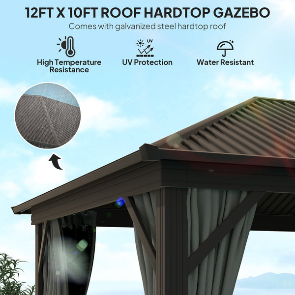3 x 3.6m Outdoor Hardtop Gazebo Metal Roof Patio Gazebo with Aluminium Frame, Mesh Nettings, Curtains, & Roomy Interior Space, Dark Grey