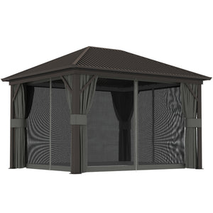 3 x 3.6m Outdoor Hardtop Gazebo Metal Roof Patio Gazebo with Aluminium Frame, Mesh Nettings, Curtains, & Roomy Interior Space, Dark Grey