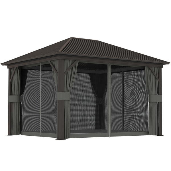 10' x 12' Hardtop Gazebo Canopy with Galvanized Steel Roof, Aluminum Frame, Permanent Pavilion Outdoor Gazebo with Netting, Curtains, Top Hook, Dark Grey