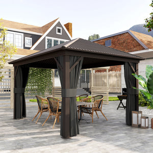 10' x 12' Hardtop Gazebo Canopy with Galvanized Steel Roof, Aluminum Frame, Permanent Pavilion Outdoor Gazebo with Netting, Curtains, Top Hook, Dark Grey