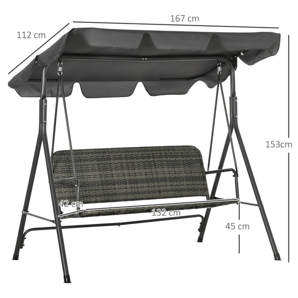 3-Seater Outdoor PE Rattan Swing Chair, Patio Wicker Hanging Swing Bench with Steel Frame Stand & Adjustable Canopy, Grey