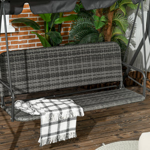 3-Seater Outdoor PE Rattan Swing Chair, Patio Wicker Hanging Swing Bench with Steel Frame Stand & Adjustable Canopy, Grey