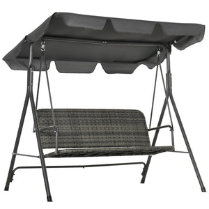 3-Seater Outdoor PE Rattan Swing Chair, Patio Wicker Hanging Swing Bench with Steel Frame Stand & Adjustable Canopy, Grey