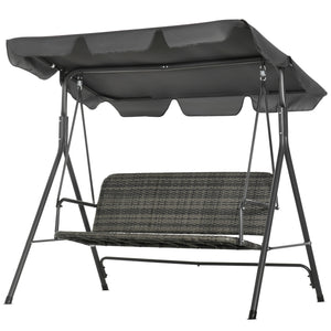 3-Seater Outdoor PE Rattan Swing Chair, Patio Wicker Hanging Swing Bench with Steel Frame Stand & Adjustable Canopy, Grey
