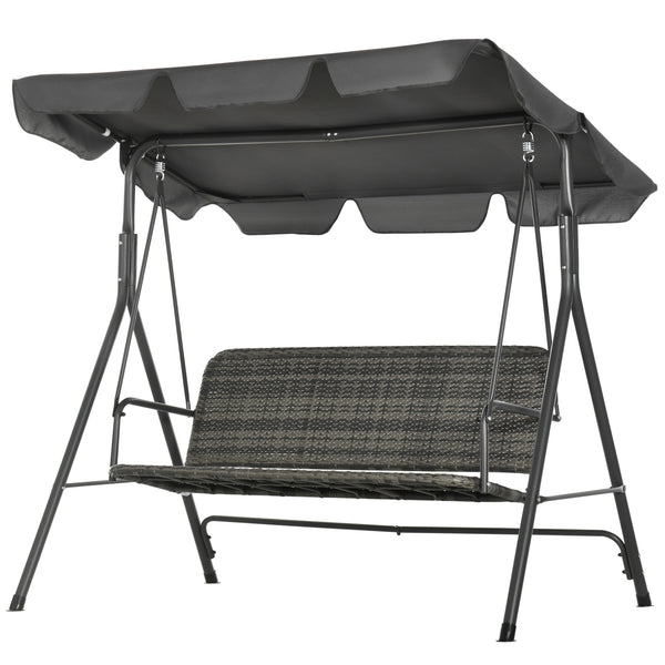 3-Seater Outdoor PE Rattan Swing Chair, Patio Wicker Hanging Swing Bench with Steel Frame Stand & Adjustable Canopy, Grey