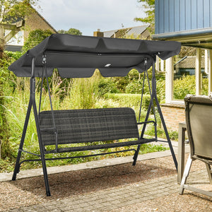 3-Seater Outdoor PE Rattan Swing Chair, Patio Wicker Hanging Swing Bench with Steel Frame Stand & Adjustable Canopy, Grey