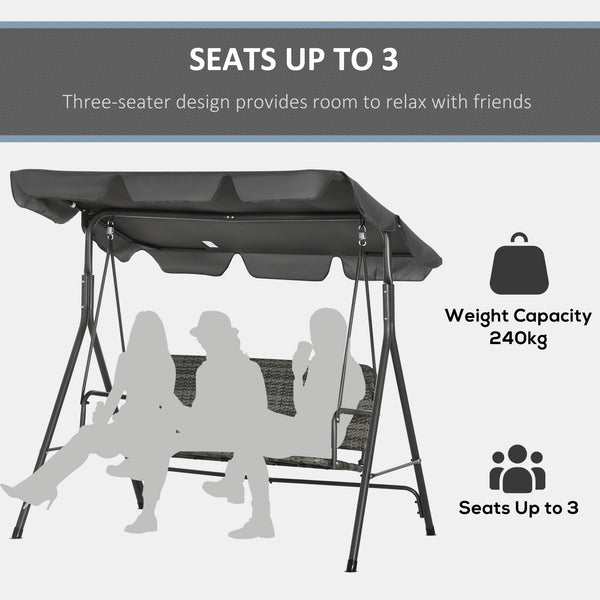 3-Seater Outdoor PE Rattan Swing Chair, Patio Wicker Hanging Swing Bench with Steel Frame Stand & Adjustable Canopy, Grey