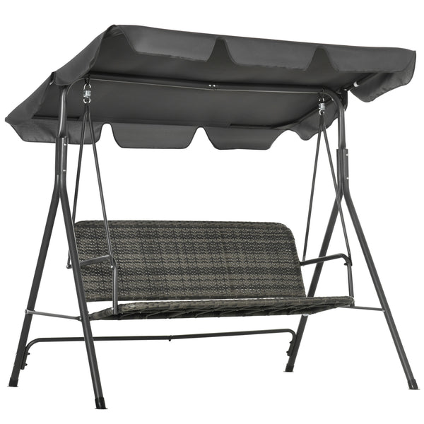 3-Seater Outdoor PE Rattan Swing Chair, Patio Wicker Hanging Swing Bench with Steel Frame Stand & Adjustable Canopy, Grey