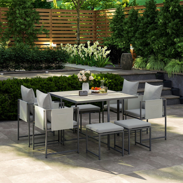 9 Piece Garden Dining Set, Cube Outdoor Garden Furniture Set with Cushions, 8 Seater Garden Table and Chairs with 4 Stools, Square PSPC Plastic Top Table, Side Pockets for Conservatory, Grey