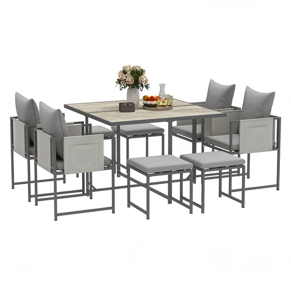9 Piece Garden Dining Set, Cube Outdoor Garden Furniture Set with Cushions, 8 Seater Garden Table and Chairs with 4 Stools, Square PSPC Plastic Top Table, Side Pockets for Conservatory, Grey