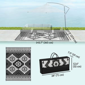 Reversible Outdoor RV Rug with Carry Bag, 9' x 12' Patio Floor Mat, Plastic Straw Rug for Backyard, Deck, Picnic, Beach, Camping, Toothed Rhombus, White and Black
